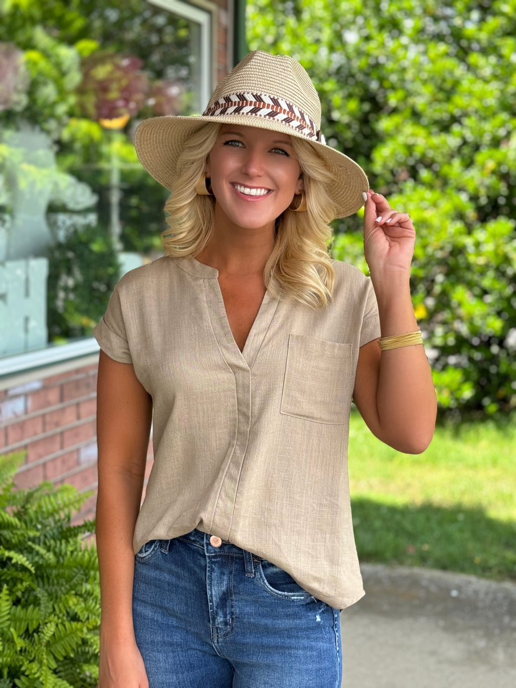 Mocha Linen Like Top with Button Back