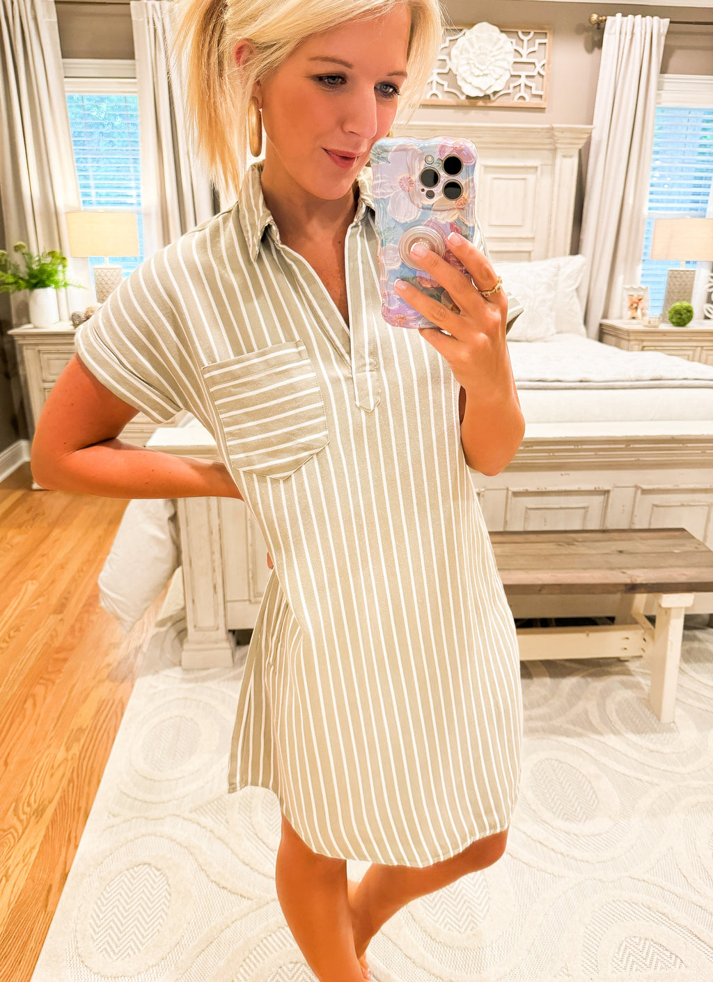 Olive Stripe Short Sleeve Dress with Collar