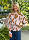 Abstract Printed Batwing Shirt with Smocked Detail