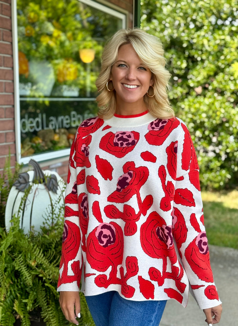 Floral Poppy Print Sweater with Slit Side Details