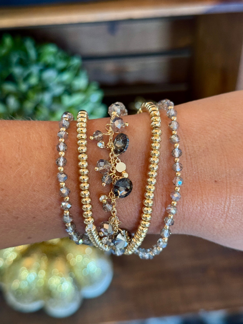 Grey & Gold Bracelet Set with Charm Detail