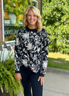Black Floral Printed Sweater with Jacquard Hemline Detail