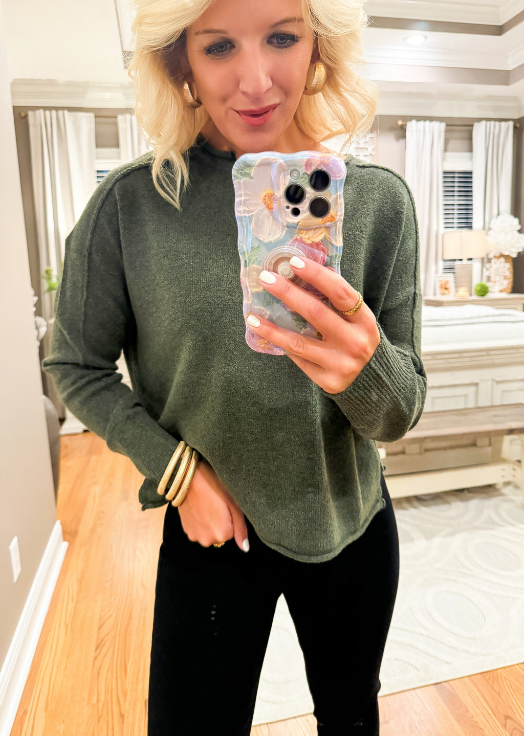 Olive Green Exposed Hem Soft Sweater