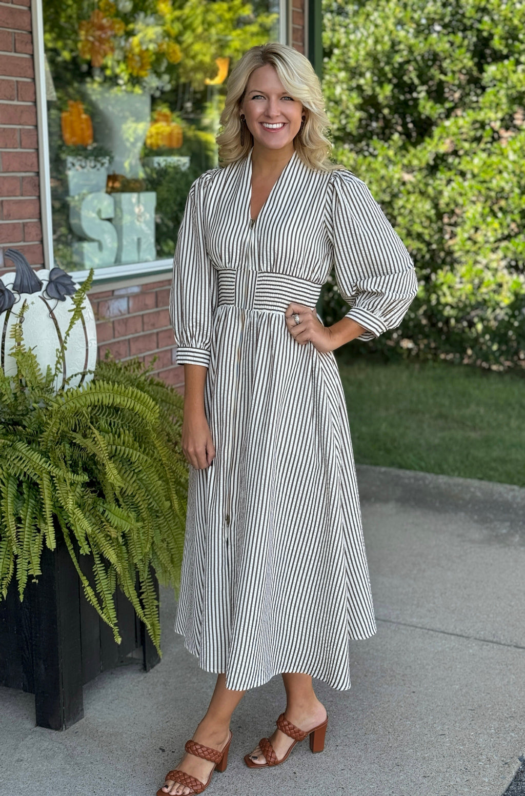 Brown Stripe Zip Up Midi Dress