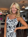 Black & White Floral Midi Dress with Ruffle Bottom