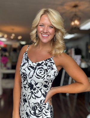 Black & White Floral Midi Dress with Ruffle Bottom