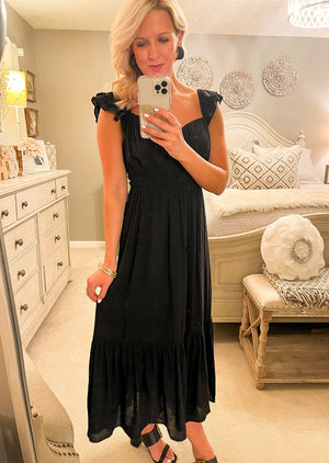 Black Sweetheart Shirred Midi Dress