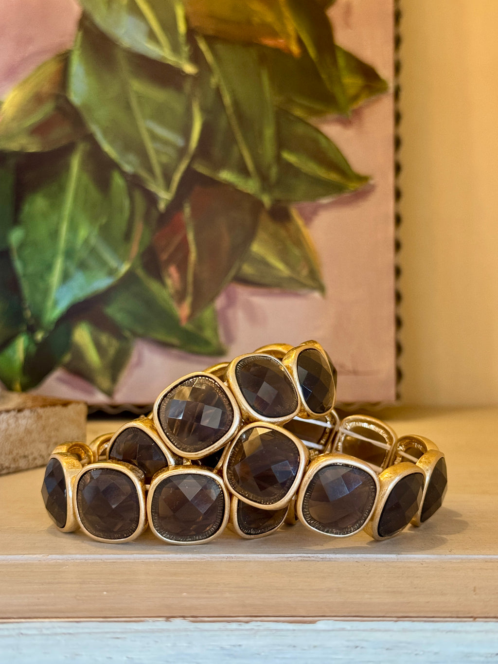 Grey Crystal & Gold Stretch Bangle