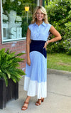 Blue Mix Media Midi Dress with Pleated Detail