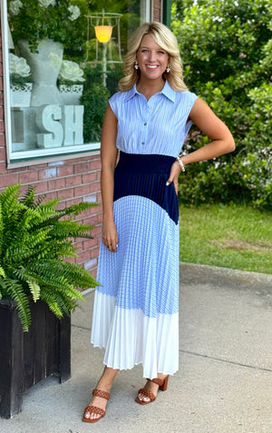 Blue Mix Media Midi Dress with Pleated Detail