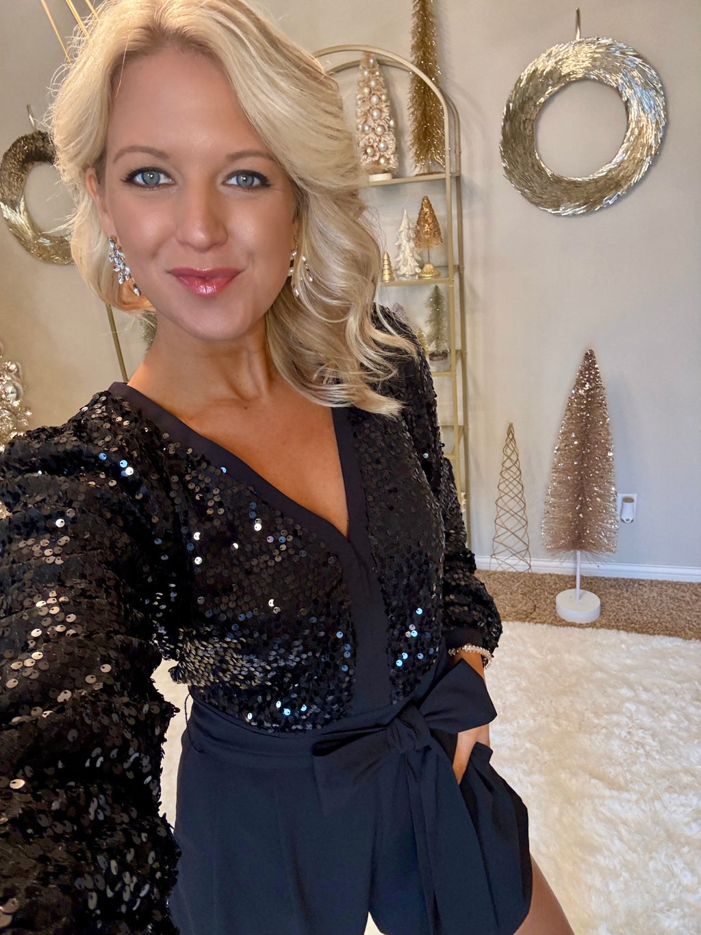 Black Sequin Romper with Tie Belt