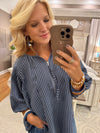 Navy Stripe Half Zip Top with Contrast Neckline