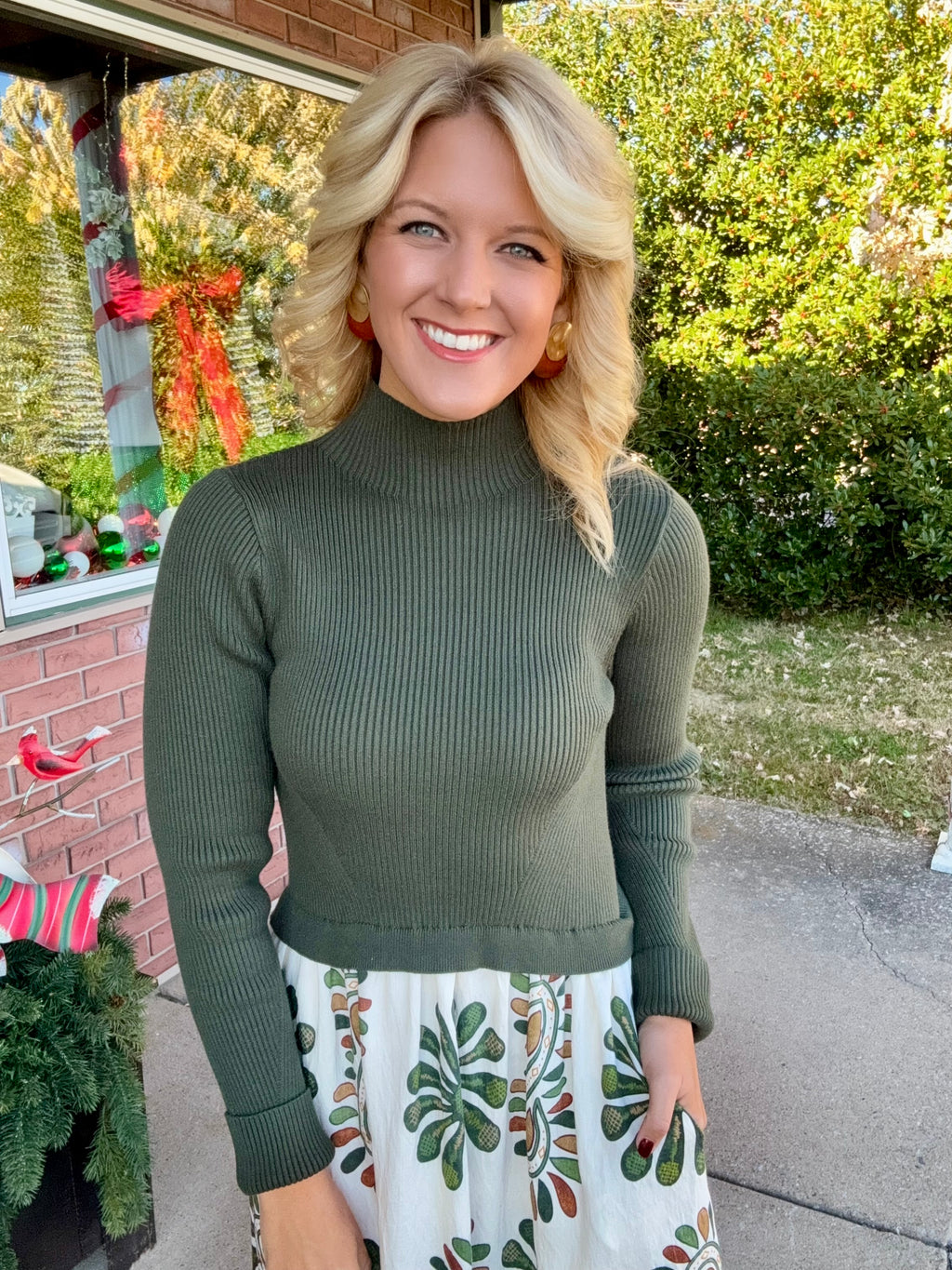 Olive Mix Media Midi Dress with Printed Skirt Detail