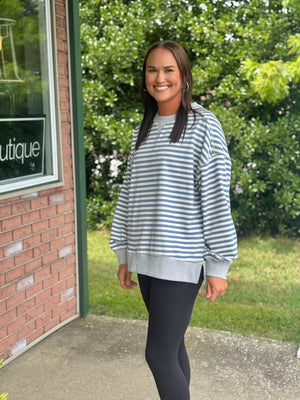 Blue Stripe Tunic Top with Grey Accent Detail
