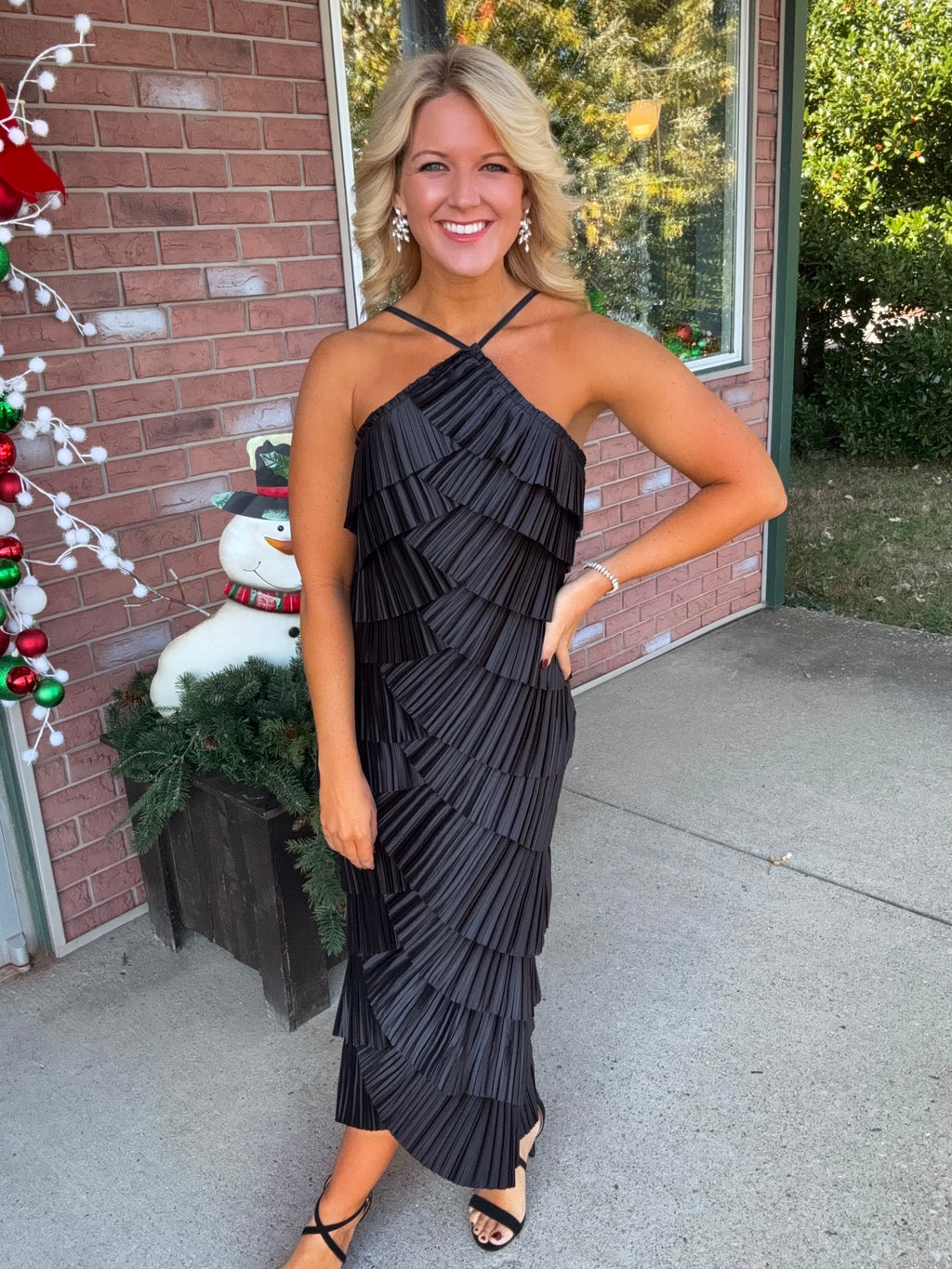 Black Pleated Ruffle Midi Dress