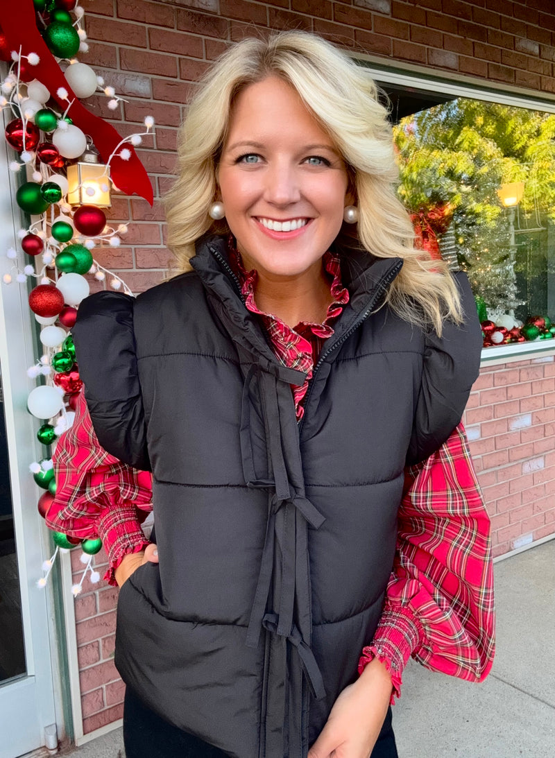 Black Puffer Vest with Bow Details