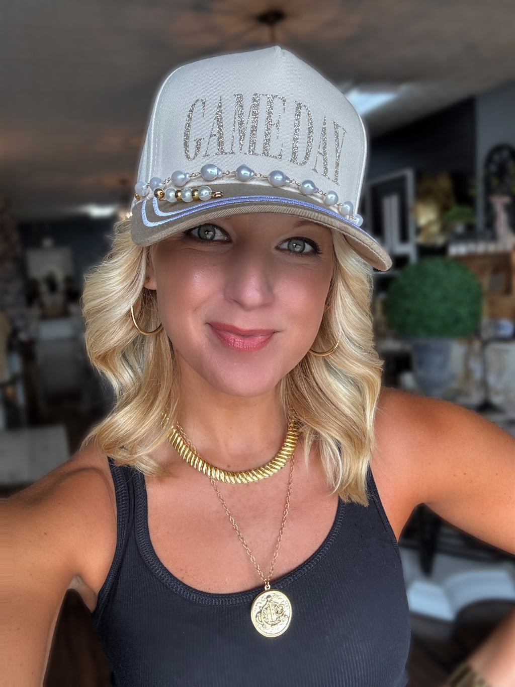 Game Day Khaki Hat with Pearl Chain & Beaded Detail **PRE-ORDER**