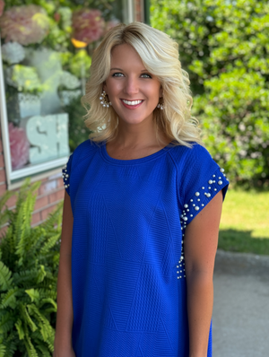 Blue Textured Dress with Pearl Details