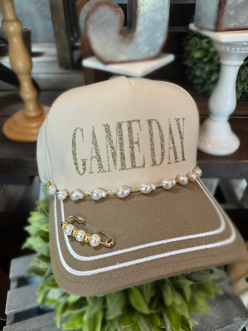 Game Day Khaki Hat with Pearl Chain & Beaded Detail **PRE-ORDER**
