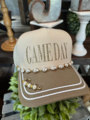 Game Day Khaki Hat with Pearl Chain & Beaded Detail **PRE-ORDER**