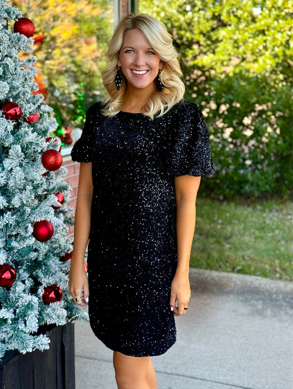 Black Bubble Sleeve Sequin Dress