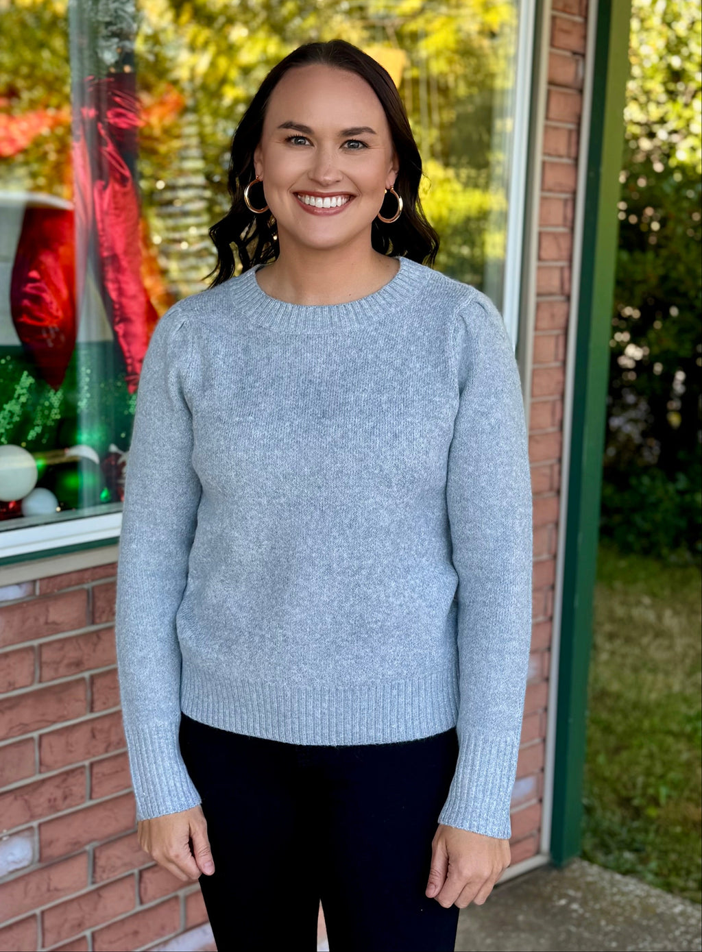 Heather Grey Sweater with Pleated Shoulder Detail