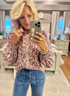 Floral Print Top with Stripe Contrast Neckline