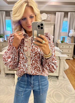 Floral Print Top with Stripe Contrast Neckline