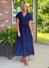 Navy Eyelet Lace Midi Dress