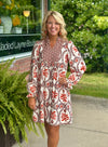 Rust Printed Dress with Smock Neckline Detail