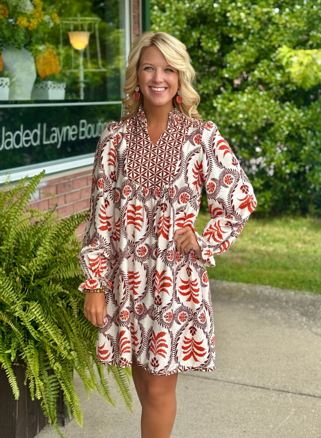 Rust Printed Dress with Smock Neckline Detail