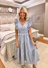Blue Grey Ruffle Tiered Midi Dress