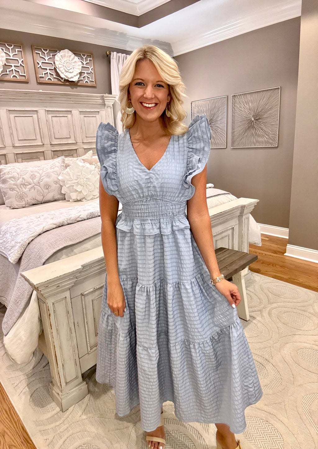Blue Grey Ruffle Tiered Midi Dress