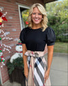 Black Puff Sleeve Plaid Skirt Dress with Bow Tie Detail