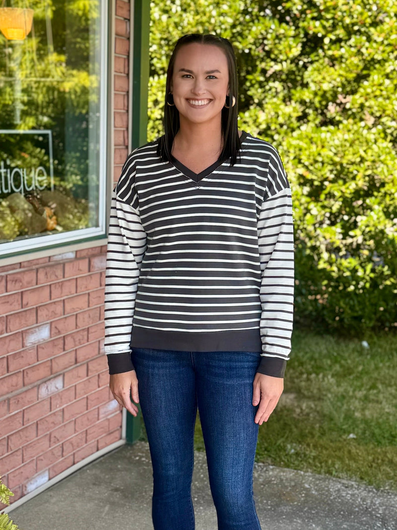 Charcoal Stripe Double V Detailed Top