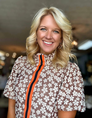 Smocked Neck Floral Top with Trim Detail
