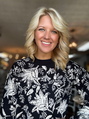 Black Floral Printed Sweater with Jacquard Hemline Detail
