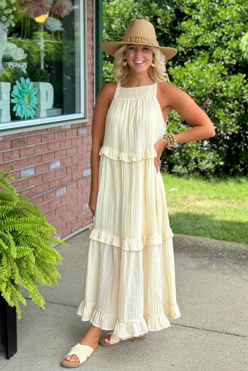 Cream Ruffle Tiered Midi Dress