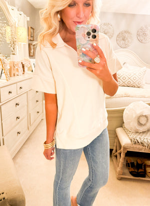 Oatmeal Short Sleeve Split Hem Top