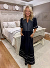 Black Midi Dress with White Embroidery Details