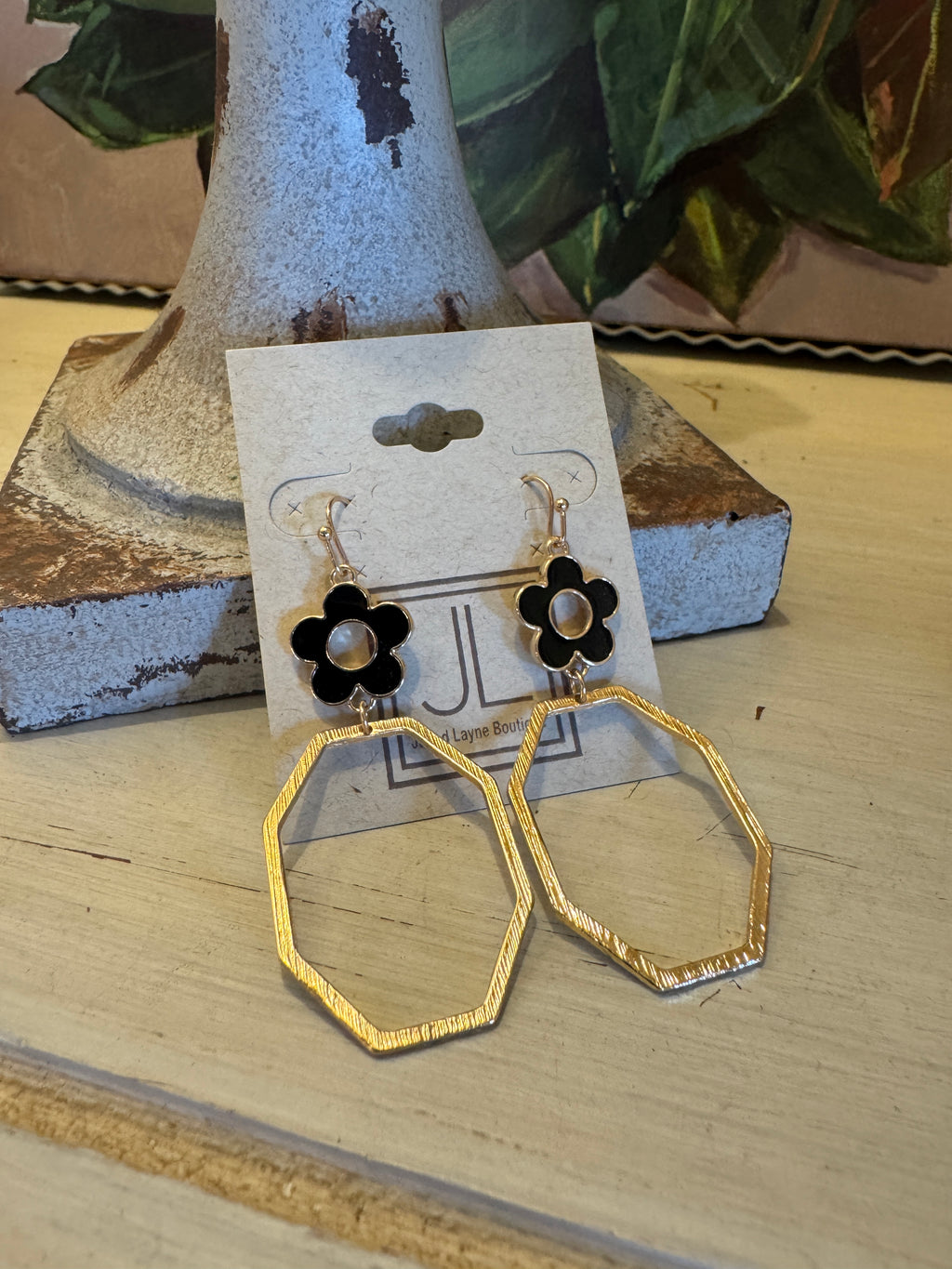 Black Flower Gold Statement Earring