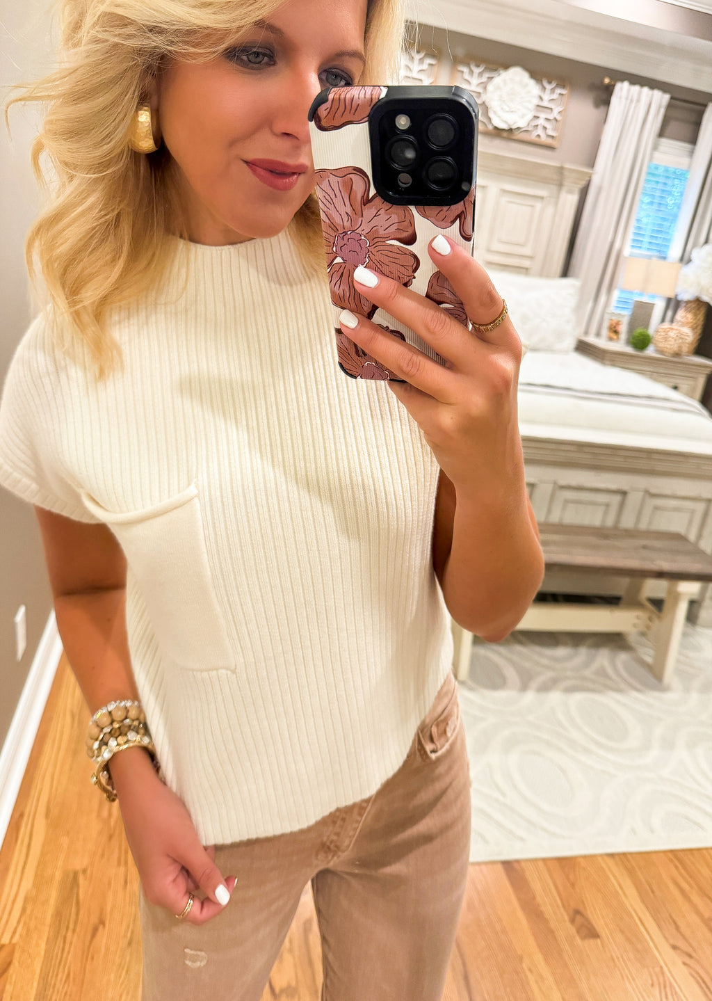 Cream Funnel Neck Short Sleeve Sweater