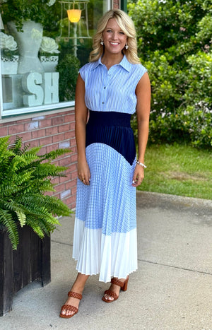 Blue Mix Media Midi Dress with Pleated Detail