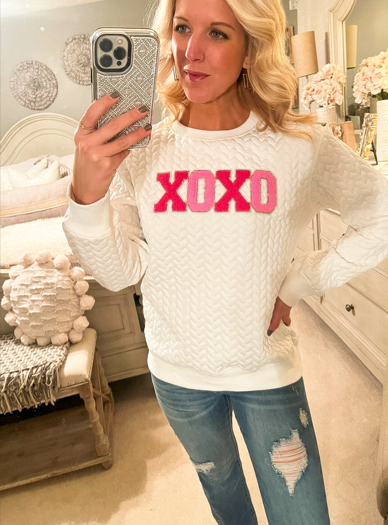 XOXO Glitter Chenille Cable Knit Patterned Sweatshirt