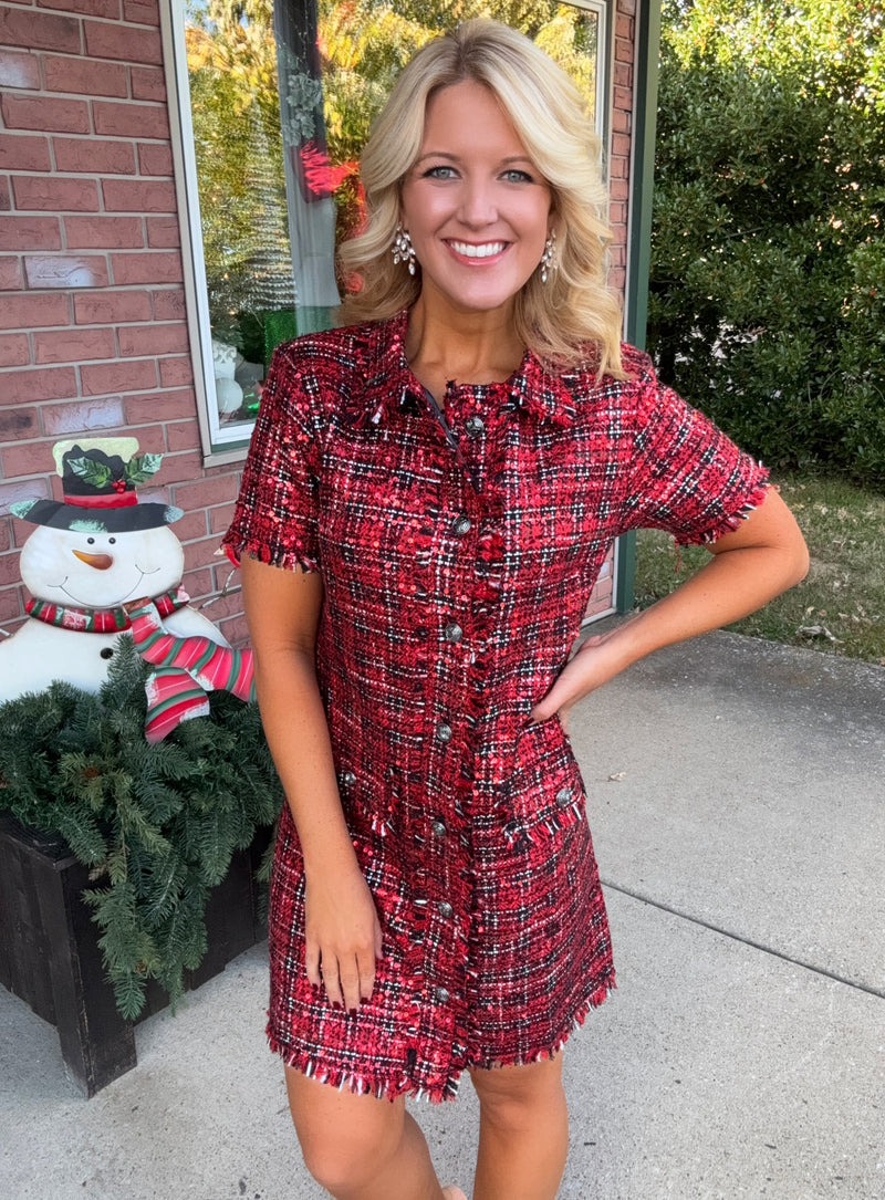 Plaid Sequin Dress with Button Details