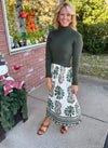 Olive Mix Media Midi Dress with Printed Skirt Detail