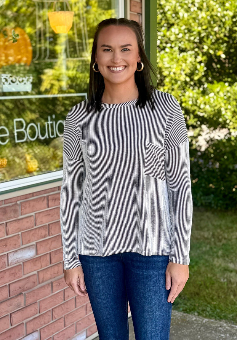 Brown Ribbed Striped Oversized Top