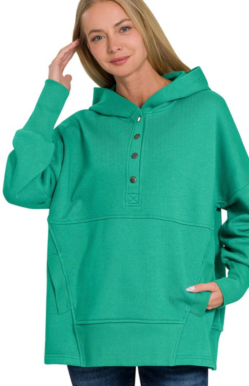 Green Button Hooded Pullover