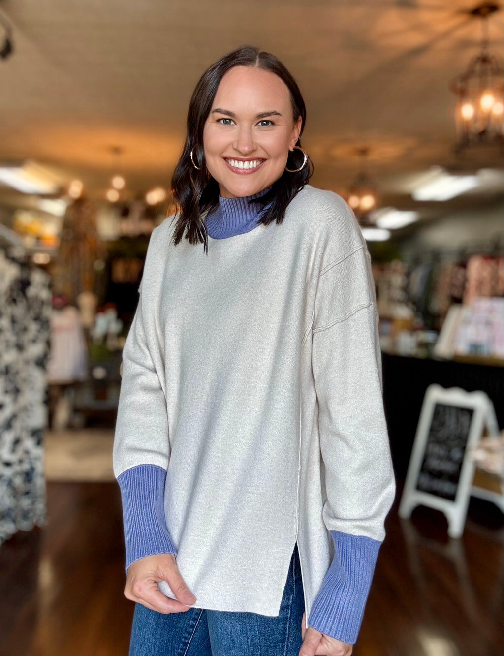 Cream Split Hem Sweater with Blue Ribbed Details