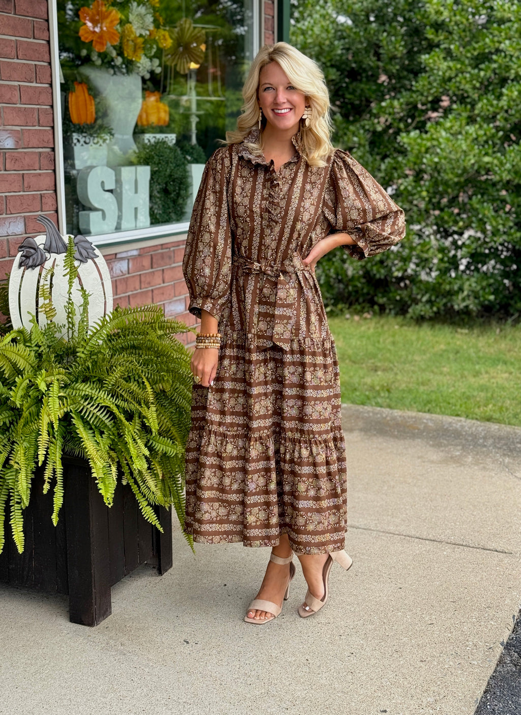 Brown Printed Midi Dress with Ruffle Collar